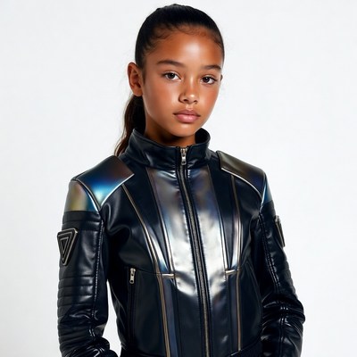 Black girl in iridescent leather jacket