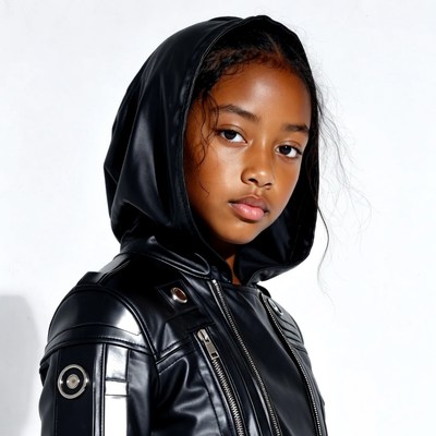 African-American girl in black leather hoodie