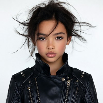 Asian girl in black leather jacket