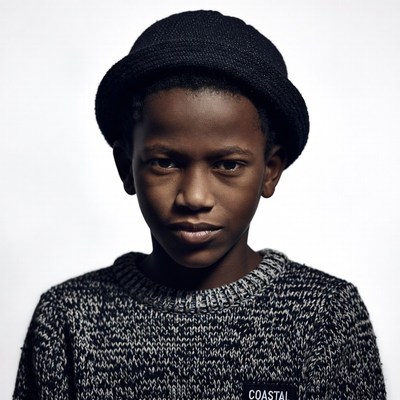 African boy wearing black hat sweater
