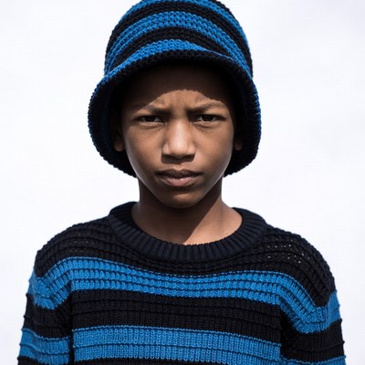 Boy in blue black striped hat sweater