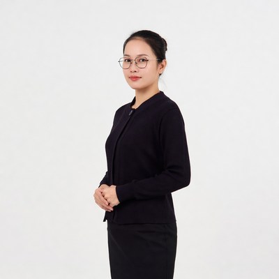 Asian woman in black cardigan and skirt