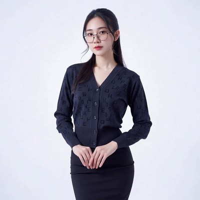 Asian woman in black lettered cardigan