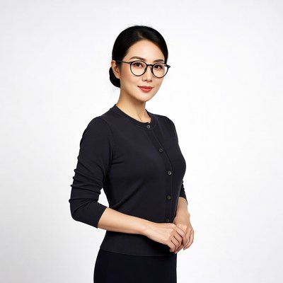Asian woman in black cardigan glasses