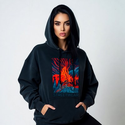 Woman in black streetwear hoodie