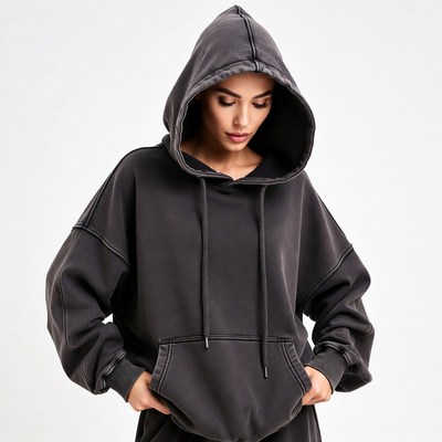 Woman in oversized black hoodie