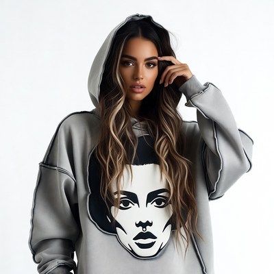 Woman in gray hoodie with face print
