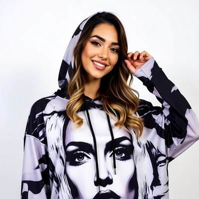 Woman in printed hoodie smiling