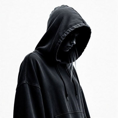 Woman in black hoodie looking down