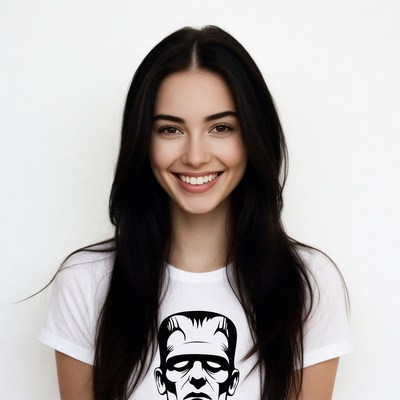 Smiling woman in Frankenstein t-shirt