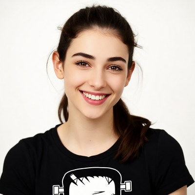 Smiling woman in Frankenstein t-shirt