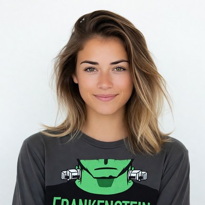 Woman wearing Frankenstein t-shirt