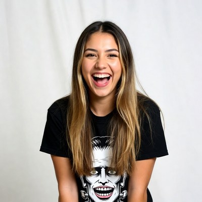 Smiling woman in Frankenstein t-shirt