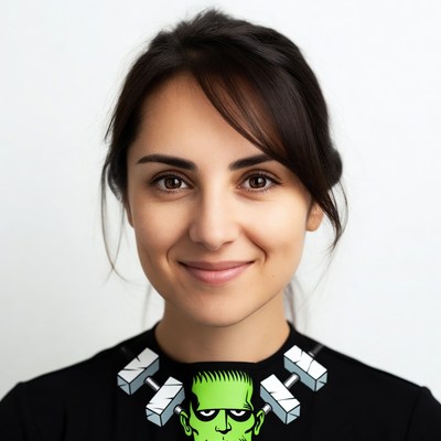Smiling woman in Frankenstein shirt