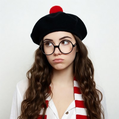 Girl in black beret with red pom pom