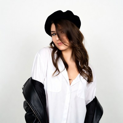 Woman in black beret and leather jacket