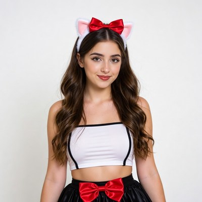 Woman in cat ears headband and tutu