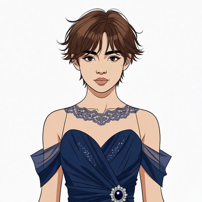 Asian woman in sparkling navy gown