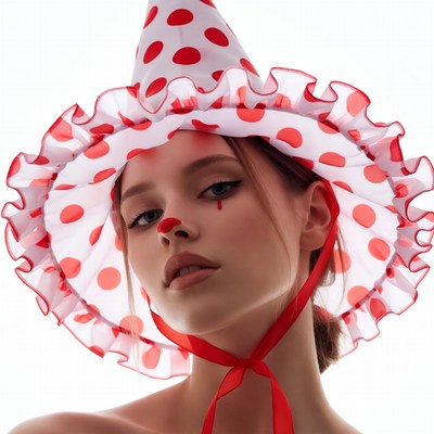 Woman wearing polka dot clown hat