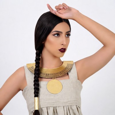 Woman in Egyptian gold necklace pose