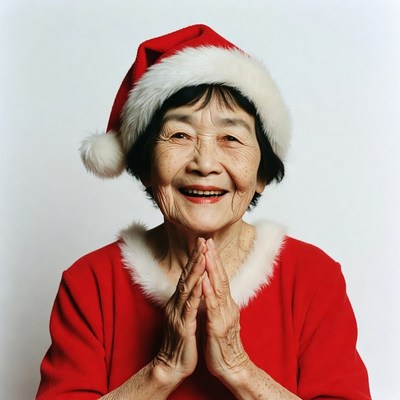 Asian elderly woman in Santa hat praying