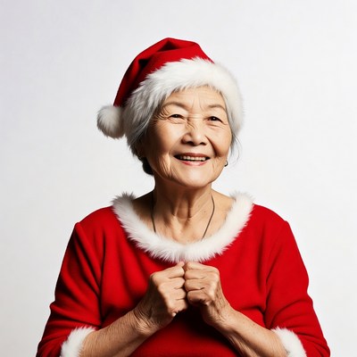 Elderly Asian woman in Santa hat