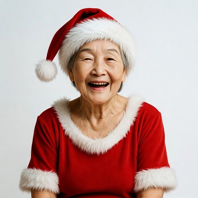 Elderly Asian woman in Santa hat