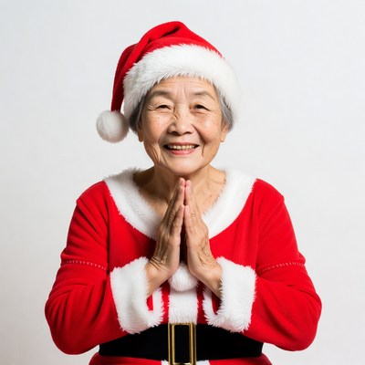 Asian elderly woman praying in Santa suit