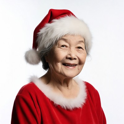 Elderly Asian woman in Santa hat