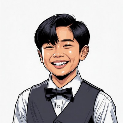 Smiling Asian boy in tuxedo vest