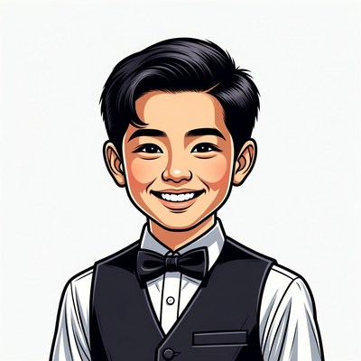 Smiling Asian boy in vest and bowtie