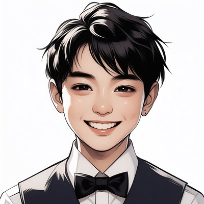 Anime boy smiling in tuxedo vest