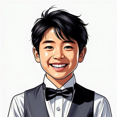 Smiling Asian boy in vest and bowtie