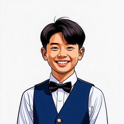 Smiling Asian boy in vest and bowtie