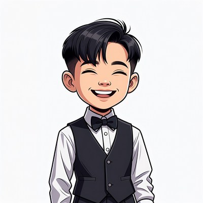 Smiling Asian boy in vest and bowtie