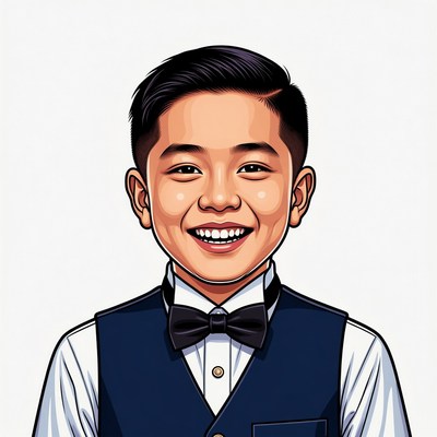 Smiling Asian boy in vest and bowtie