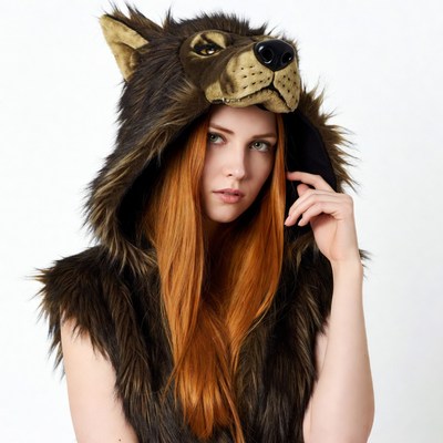Redhead woman in wolf hood