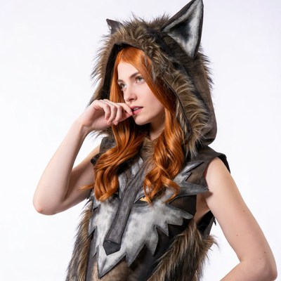 Redhead woman in wolf hood costume