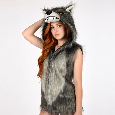 Girl in wolf hoodie costume