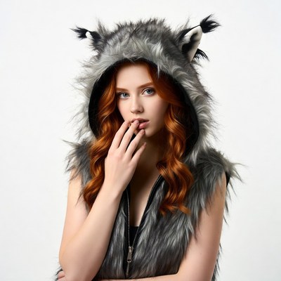 Redhead woman in wolf fur hood