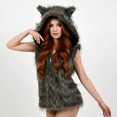 Redhead woman in wolf fur hood