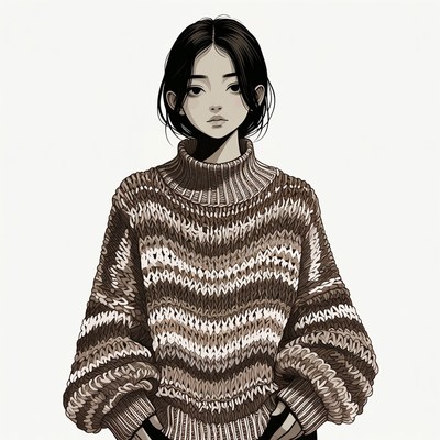 Asian girl in striped turtleneck sweater