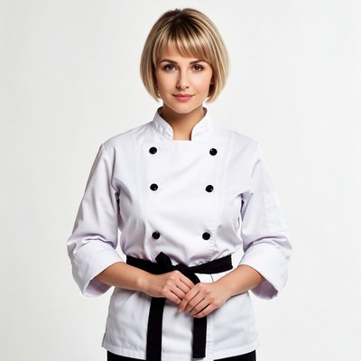 Blonde woman in white chef uniform