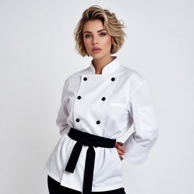 Blonde woman in white chef uniform