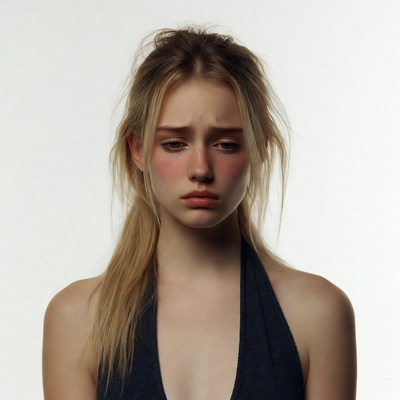 Blonde woman crying on white background