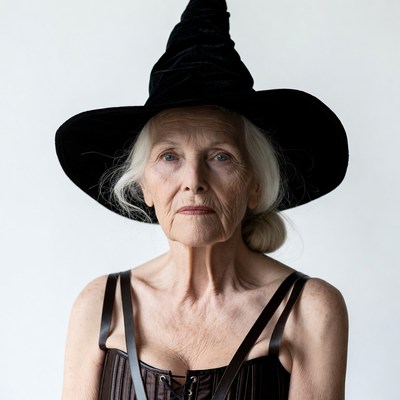Elderly woman wearing witch hat