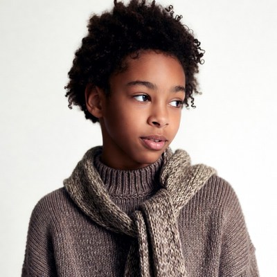African-American boy in brown sweater scarf