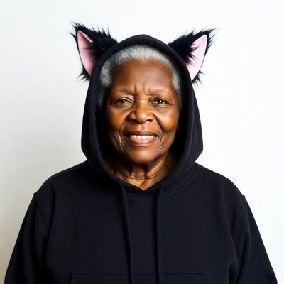 Elderly African-American woman in cat ears hoodie