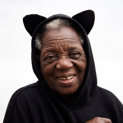 Elderly African-American woman in cat ears hoodie