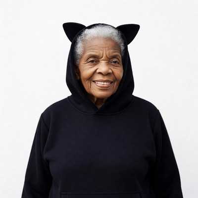 Elderly African-American woman in cat hoodie
